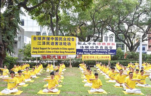 圖1：二零一五年十一月一日，新加坡法輪功學員在芳林公園集會，揭露中共江氏集團迫害法輪功的罪行，並徵集簽名刑事舉報江澤民。圖為法輪功學員正在演示第五套功法──神通加持法。