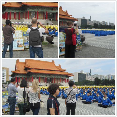 圖1：各國遊客紛紛將排字的殊勝畫面以及學員集體大煉功的場面拍照留念。