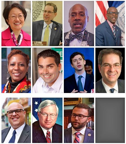 圖： 美國紐約市十一位市議員發褒獎賀信，祝賀世界法輪大法日，稱頌法輪大法「真、善、忍」原則，讚揚修煉法輪功給紐約人帶來健康和福祉。上圖排序，從左至右，從上至下： 陳倩雯，馬克•萊文（Mark Levin） ， 比爾﹒帕金斯（Bill Perkins），丹尼克•米勒（I. Daneek Miller），阿德裏安娜﹒亞當斯（Adrienne Adams），埃裏克•烏爾裏希（Eric Ulrich），史蒂芬﹒萊文（Stephen T. Levin），賈斯汀﹒布蘭南（Justin Brannan），卡爾曼﹒易伽（Kalman Yeger），阿蘭•梅塞爾（Alan Maisel），約瑟夫•博雷利（Joseph Borelli）。