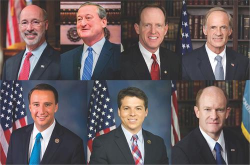 '圖1：賓州州長等政要祝賀法輪大法洪傳二十六週年。上圖，上排左起：賓州州長湯姆﹒沃爾夫（Tom