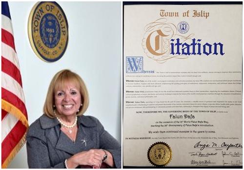 '圖8：紐約長島艾斯利普鎮鎮長（Town of Islip）安吉•卡朋特（Angie M. Carpenter）褒獎「法輪大法」，讚揚法輪大法給社區和人類帶來的福祉。'