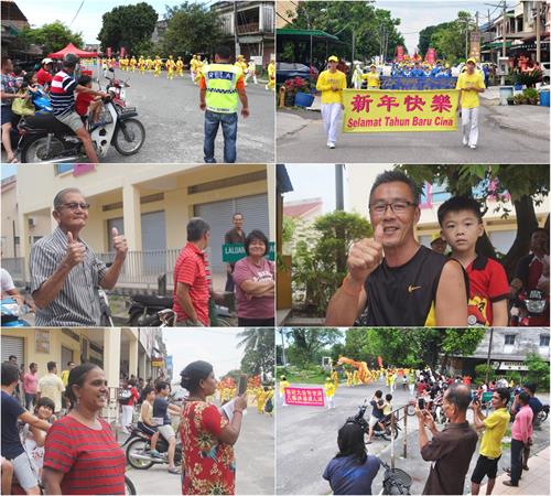 圖6：二零一九年二月十日，大年初六下午四點半，法輪功學員在霹靂州華人聚集的拱橋新村（Kanthan Baru）舉行新年遊行，同樣獲得當地民眾的歡迎，多人騎著摩托車或自行車追隨觀看，紛紛豎起拇指表示讚好。