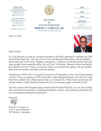 '圖6：市議員小羅伯特﹒科內吉（Robert E. Cornegy， Jr.）發來賀信，感謝大法活動使社區受益。'