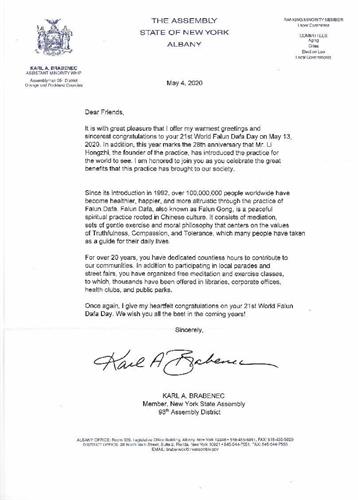 '圖10：紐約州第九十八選區眾議員卡爾﹒布拉貝內克（Karl Brabenec）的賀信。'