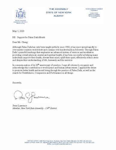 '圖11：紐約州第一三四選區眾議員彼得﹒勞倫斯（Peter A. Lawrence）的賀信。'