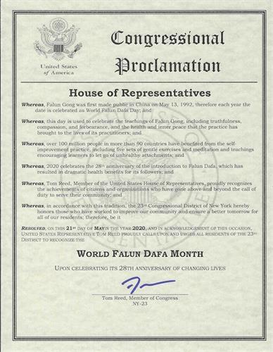 '圖5：紐約第二十三選區國會議員湯姆斯﹒瑞德（Thomas W. Reed II）褒獎法輪大法日，祝賀大法洪傳二十八週年。'