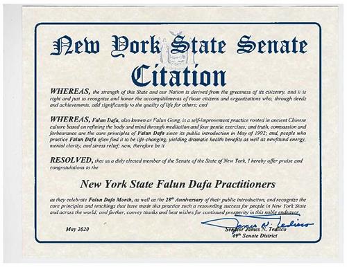 '紐約州參議員詹姆斯﹒特迪斯科的褒獎狀'