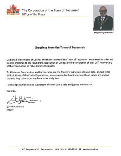 '圖5：特庫姆塞（Tecumseh）市的市長加裏﹒麥克納馬拉的賀信'