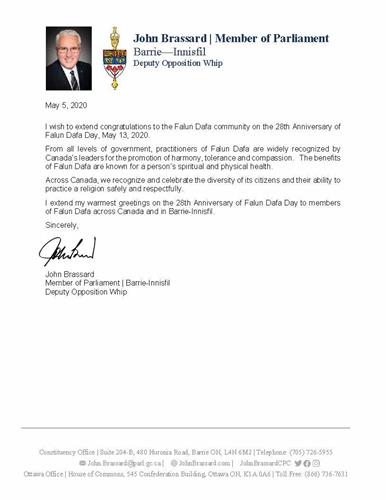 '圖12：巴裏（Barrie）的國會議員約翰﹒布拉薩德（John Brassard）的賀信'