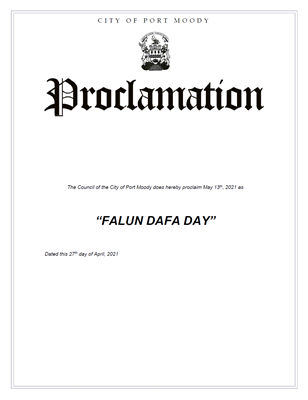 '圖7：穆迪港市（City of Port Moody）議會宣布二零二一年五月十三日為「法輪大法日」。'