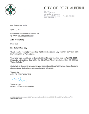 '圖8：艾伯尼港市（City of Port Alberni）社團服務主任特維拉﹒斯隆斯基（Twyla Slonski）致信溫哥華法輪大法學會：艾伯尼港市議會宣布二零二一年五月十三日為「法輪大法日」。賀信中說：「我代表市議會感謝你們為維護人權與信仰自由，為堅守真、善、忍做出的奉獻。」'