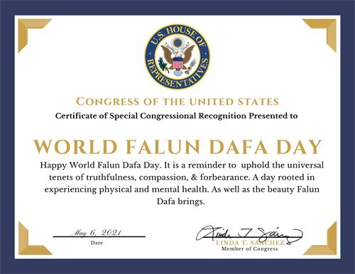 圖4：加州國會議員琳達﹒桑切斯（Linda Sanchez）祝賀第二十二屆「世界法輪大法日」。