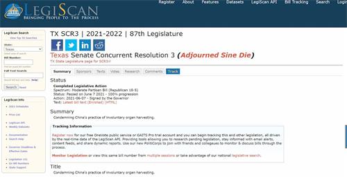 '圖1：美國德州州長簽署決議案SCR3，譴責中共活摘器官。'