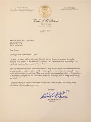 圖1：美國密蘇裏州長邁克爾﹒派森的賀信