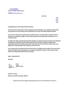 圖11：紐約州第二十八選區眾議員安德魯﹒赫維斯（Andrew D. Hevesi） 祝賀法輪大法三十週年紀念日。