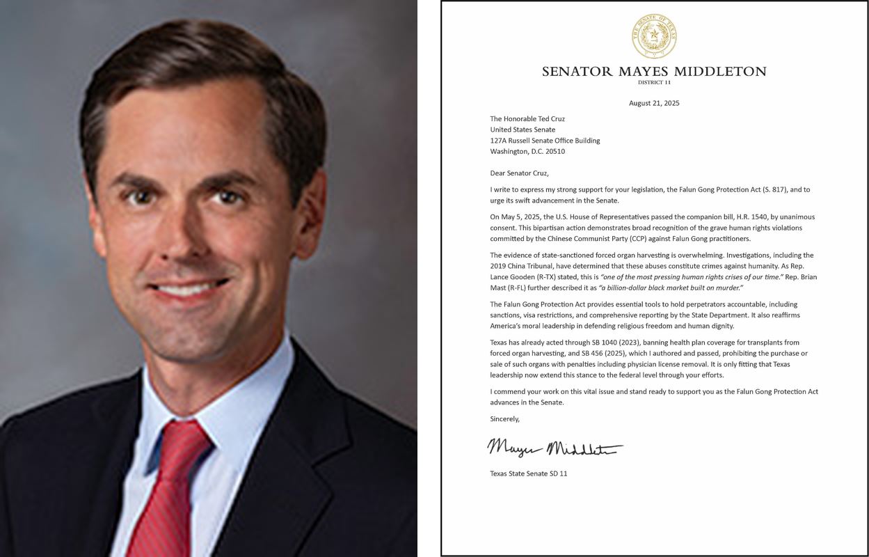 '圖6：德州參議院高等教育小組委員會副主席梅耶斯﹒米德爾頓致信支持和感謝美國聯邦參議院《法輪功保護法案》提案人泰德﹒克魯茲。'/artic