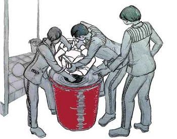 '中共酷刑示意圖：把法輪功學員的頭按在水桶裏嗆、灌'